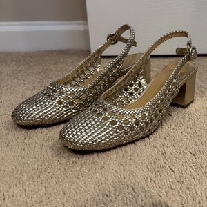 J. Crew Elegant Gold Woven Women's Heeled Shoes Size 7 with Buckles